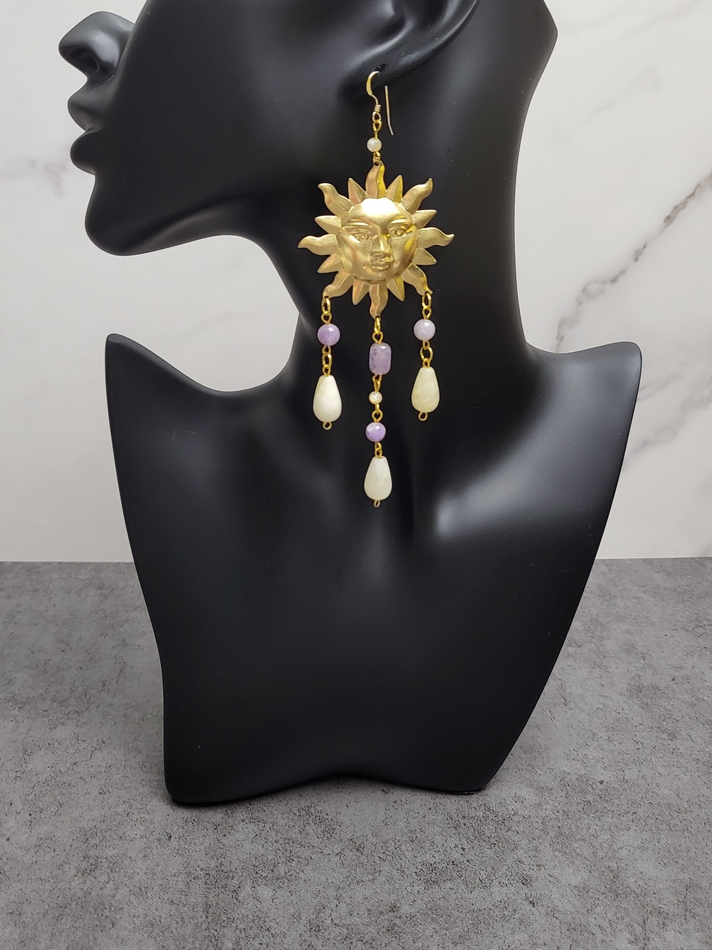 Handmade Gold Sun Face Drop Earrings with Lavender and Cream Beads